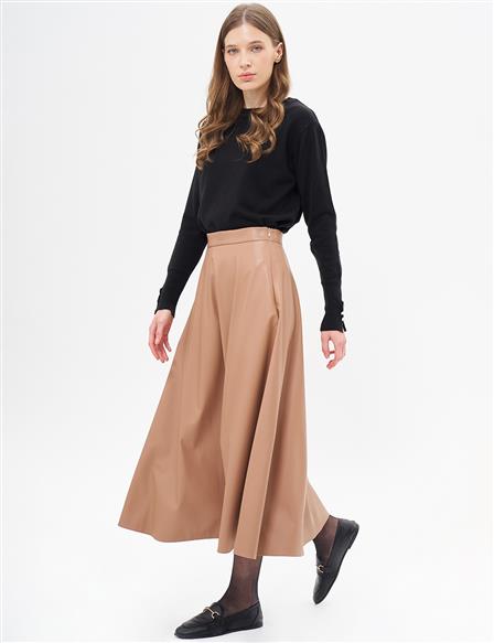 High Waist Faux Leather Skirt Beige