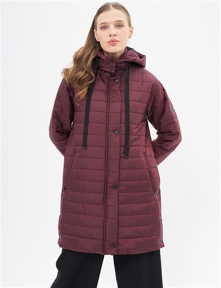 High Collar Hooded Quilted Coat Plum