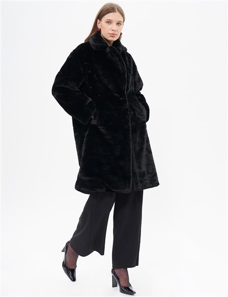 Stone Detailed Plush Coat Black 