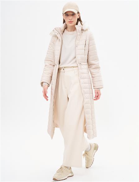 Diamond Patterned Faux Fur Anorak Coat Cream