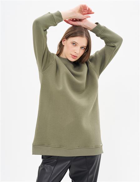 Sıfır Yaka 3 İplik Sweatshirt Haki