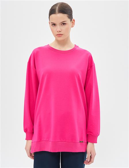 Crew Neck Drop-Shoulder Sweatshirt - Fuchsia