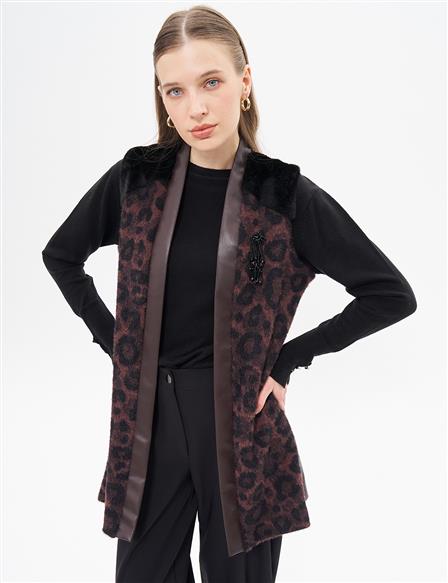 Animal Print Desenli Kürklü Yelek Kahve