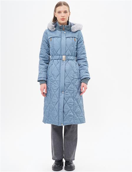 High Collar Zipper Detailed Quilted Anorak Coat Dirty Blue