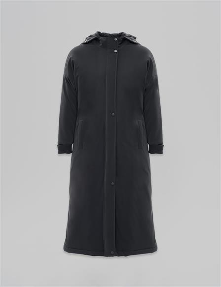 Hidden Placket Hooded Detail Anorak Coat Black