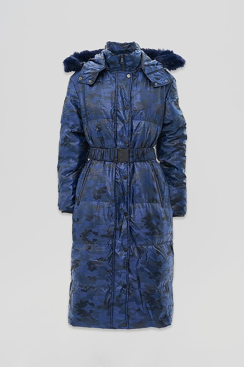 Camouflage Pattern Duck Down Coat in Navy Blue