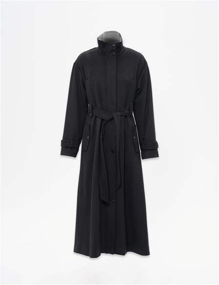 Stand-up Collar Wool Coat in Black