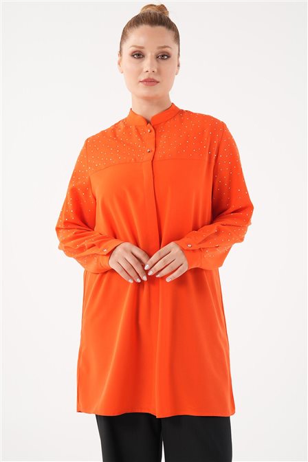 Yapıştırma Taşlı Tunik Mercan
