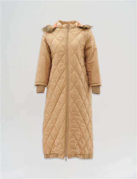 Diamond-Quilted Anorak Coat in Beige