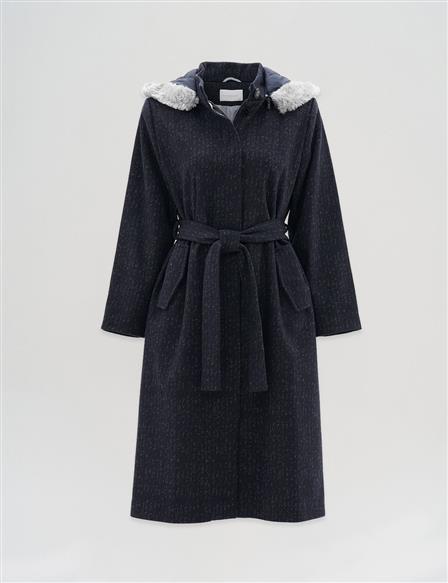 Belted Felt Coat Navy-Burgundy