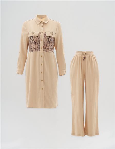 Flap Pocket Mesh Detailed Double Suit Beige