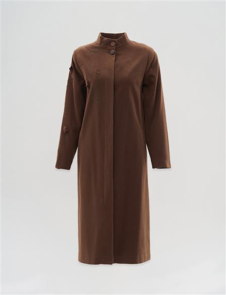 Embroidered Mandarin Collar Wool Coat in Dark Brown