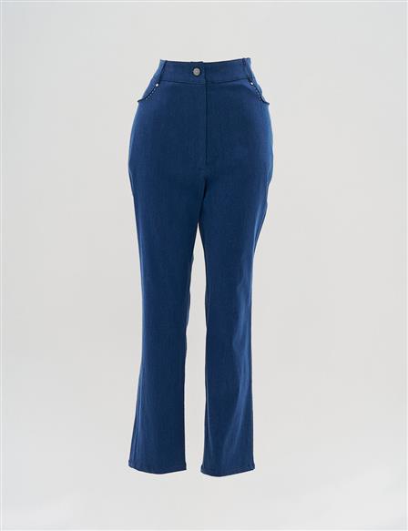 Elastic Waist Stone Embroidered Denim Trousers Navy Blue