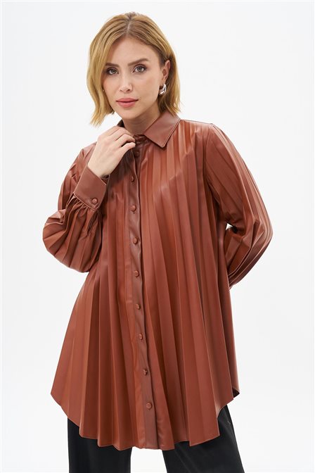 Faux Leather Pleated Tunic Coffee