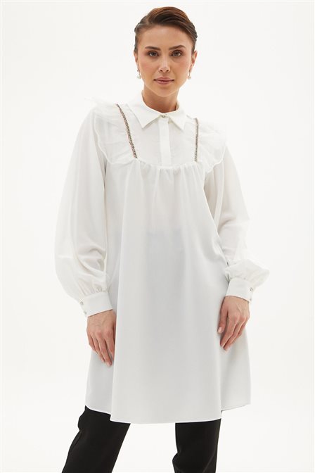 Embroidered Tulle Detailed Tunic Ecru