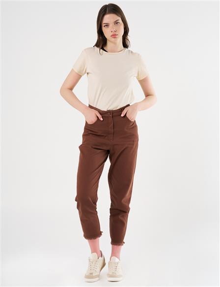 Elastic Waist Straight Leg Canvas Pants in Coffee