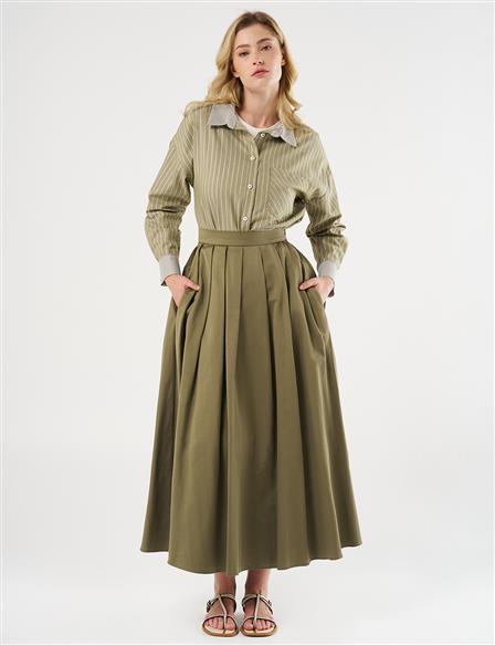High-Waisted Pleated Skirt Olive Green