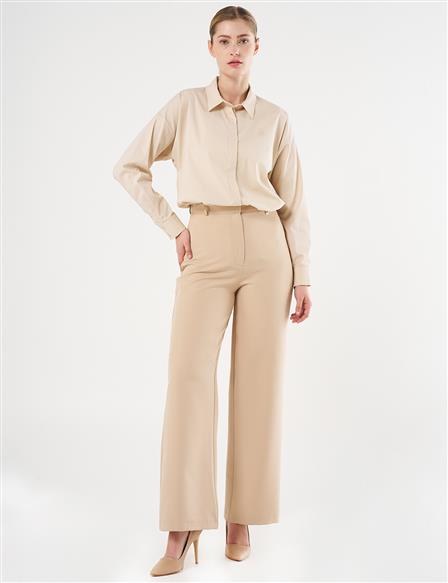 High-Waist Basic Pants Beige 