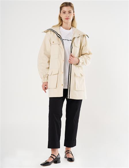 Elasticated Waist High Collar Jacket Cream