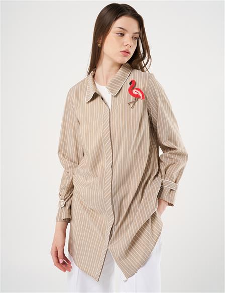  Flamingo Brooch Detailed Striped Tunic Beige