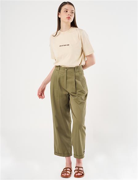 Pleated Cuffed Pants in Khaki