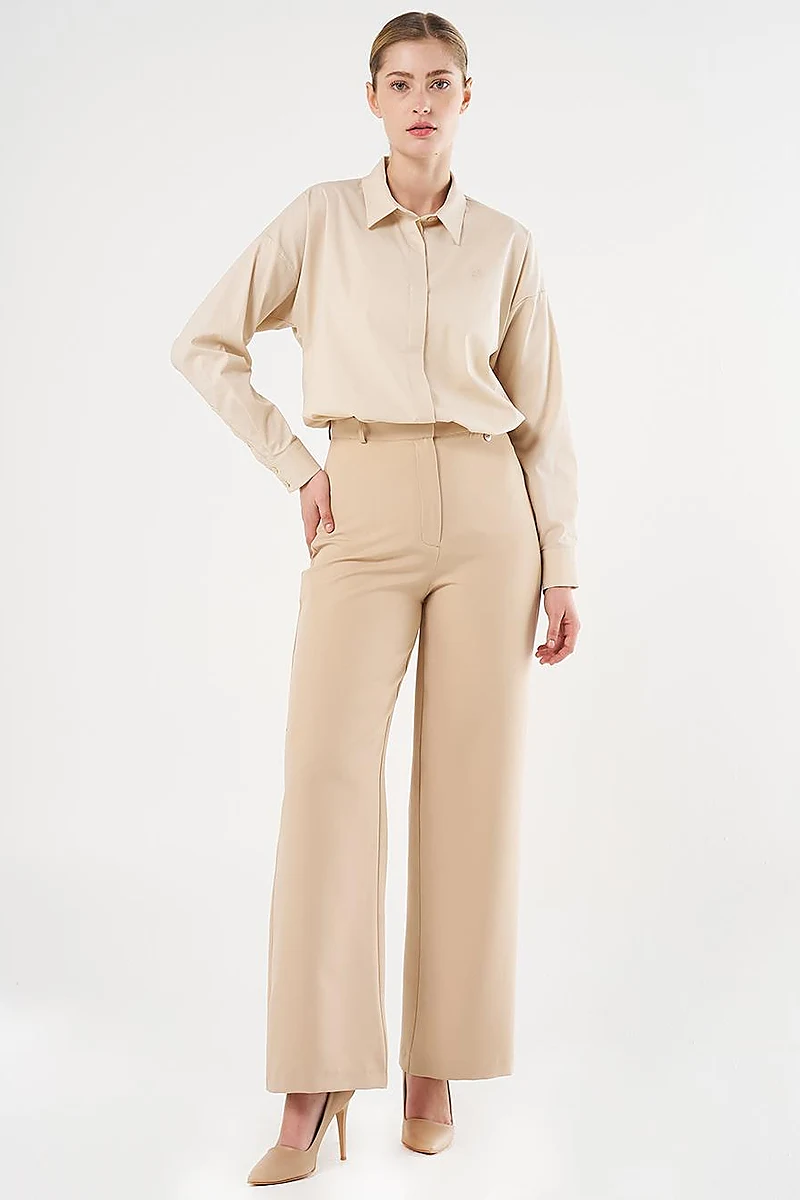 High-Waist Basic Pants Beige 