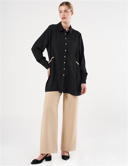 Grosgrain Tie Shirt Collar Tunic Black