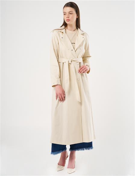 Belted Long Trench Coat Cream