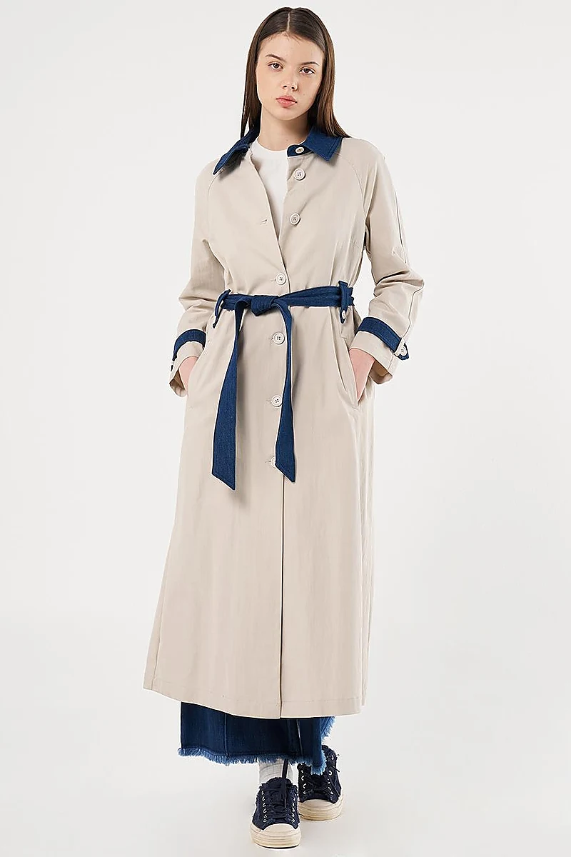 Denim Detailed Trench Coat Stone