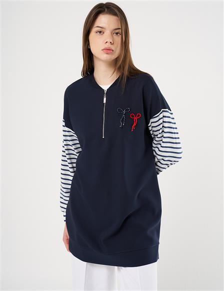 Bead Embellished Knit Sweatshirt in Dark Navy