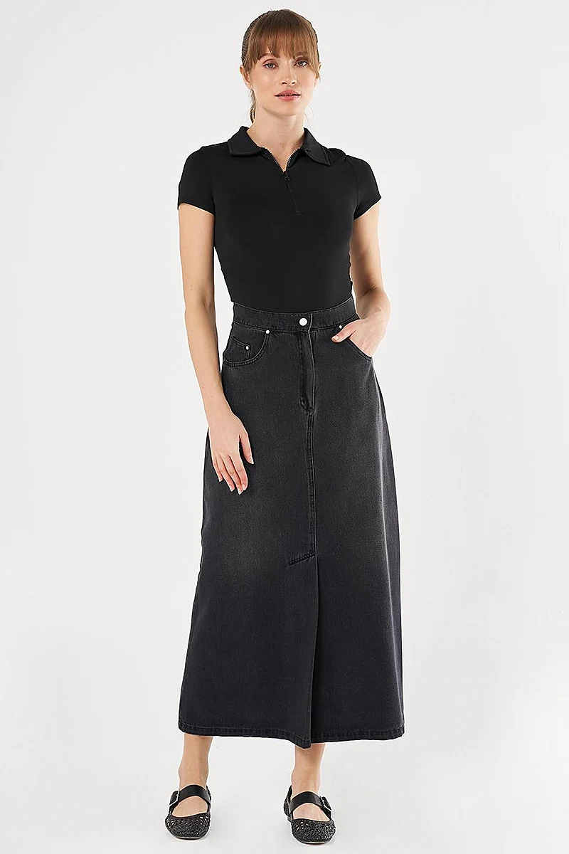 High-Waist Denim Skirt - Charcoal Gray