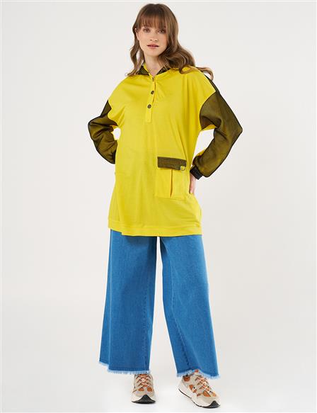 Mesh-Trim Sweatshirt in Yellow