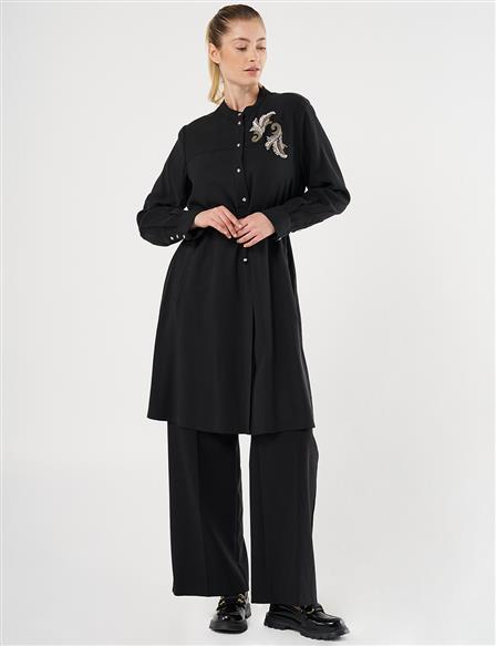 Embroidered Appliqué Drawstring Waist Long Tunic Black