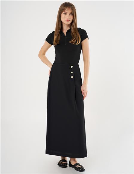 Gold Button High Waist Skirt Black