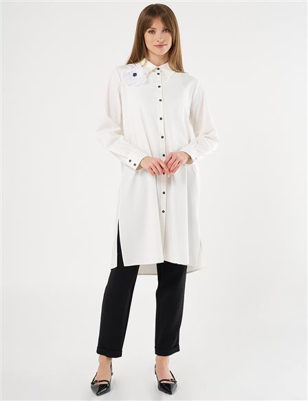 Long Tunic with Floral Appliqué Ecru