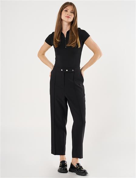 Front Button Topstitched Pants Black
