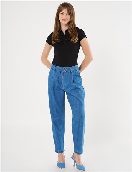 Pleated Carrot Cut Denim Pants Indigo
