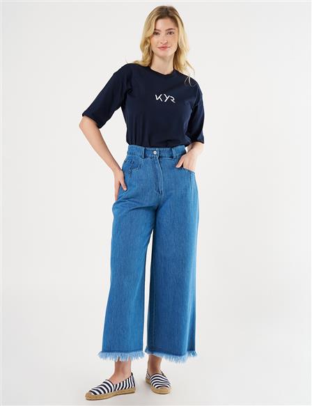 Eskitmeli Yüksek Bel Denim Pantolon İndigo