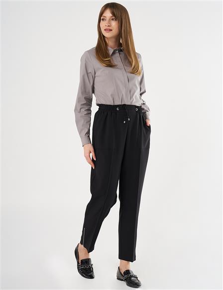 Wide Pocket Topstitched Pants in Black