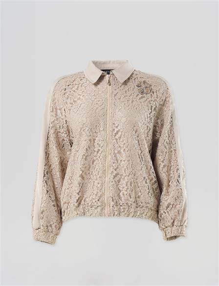 Lace-Trimmed Bomber Jacket Cream