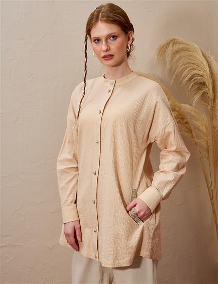 Back Brit Button Closure Pleated Tunic Beige