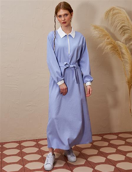 Half Zipper Closure Embossed Dress Aviator Blue