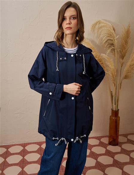 Epaulette Hooded Short Trench Coat Dark Navy Blue