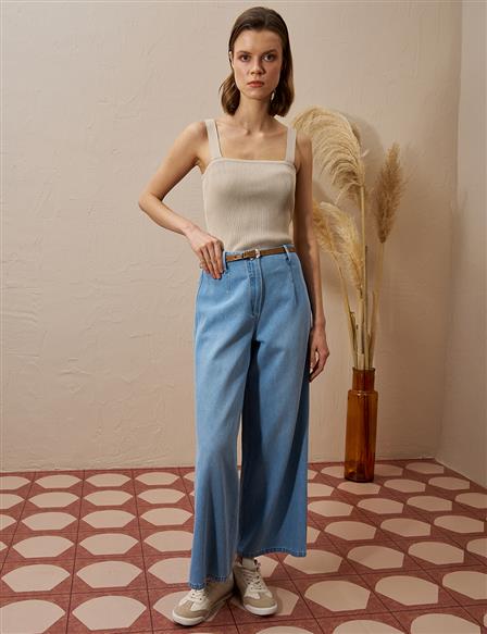 Metal Aksesuar Detaylı Denim Pantolon Buz Mavisi