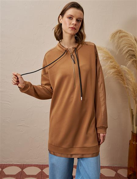 Yarım Fermuar Kapamalı Scuba Sweatshirt Tütün