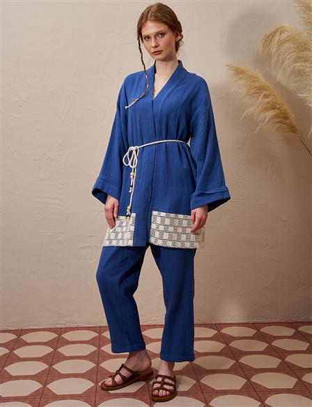 Tie Detail Muslin Kimono Indigo