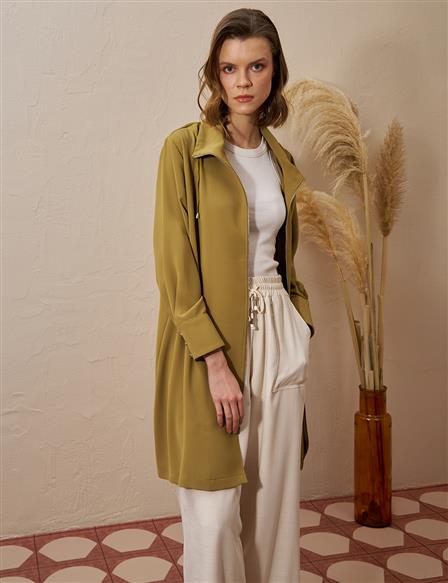 Zipper-Closure Stand Collar Cardigan Khaki