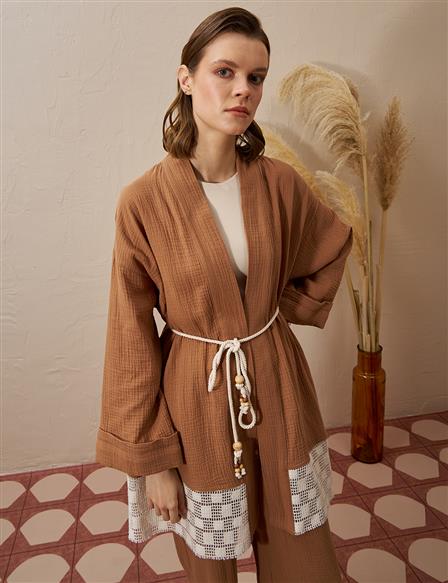 Tie Detail Muslin Kimono Tobacco