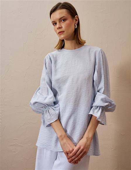 Sırtı Bağcıklı Poplin Bluz Mavi