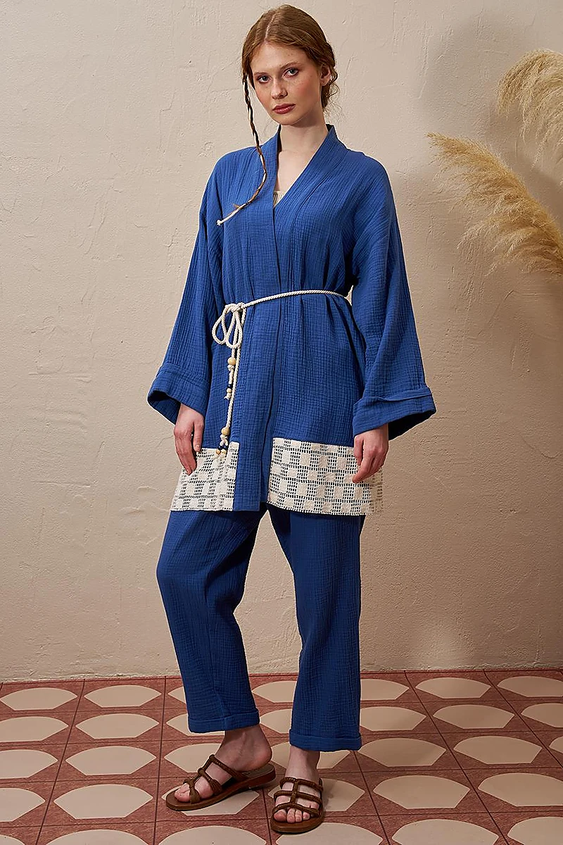 Tie Detail Muslin Kimono Indigo